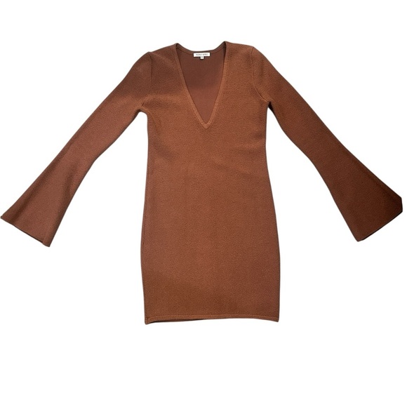 Ronny Kobo Women’s Size M Rust Knit Bell Sleeve Bodycon Mini Dress Deep V-Neck - Picture 2 of 12